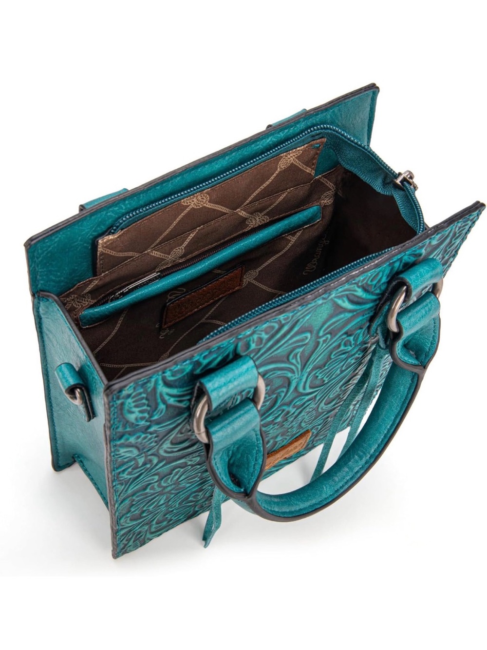 Wrangler Turquoise Leather Tooled Floral Purse Mini Tote Crossbody Cowgirl Retro - Picture 4 of 4